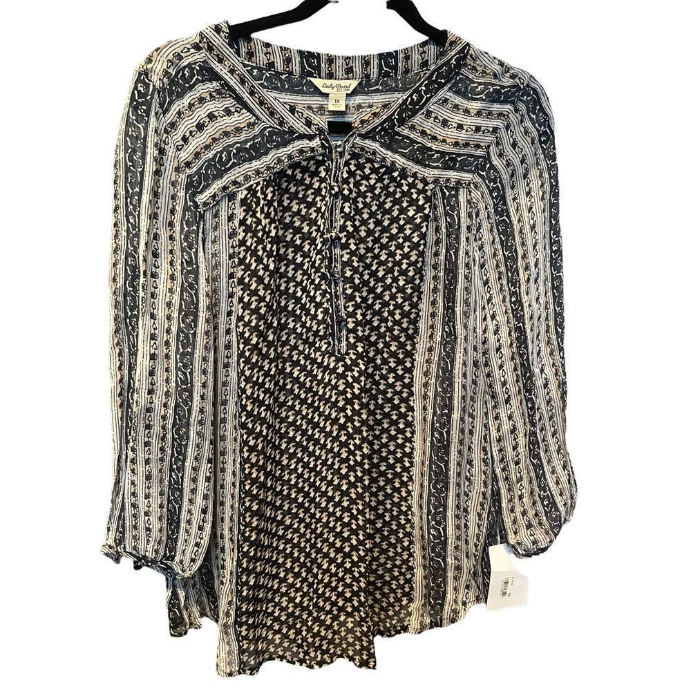 Lucky Brand 3/4 sleeve blouse 1X NWT sheer black and tan cloth buttons